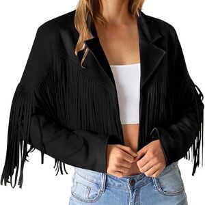 Black Fringe Faux Suede Cropped Jacket